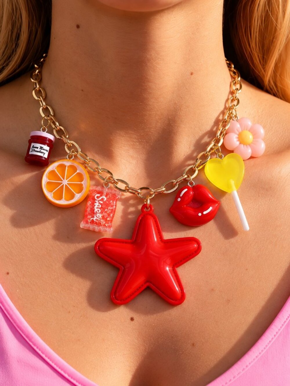 Y2K Red Star Charm Necklace Fruit Candy Lips Lollipop Gold Tone Chain